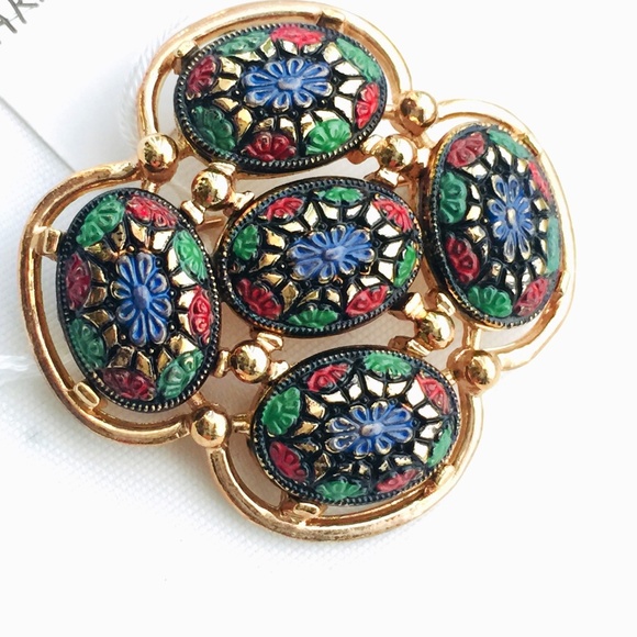Sarah Coventry Jewelry - Vintage Gold Tone Metal Mosaic Cabochon Brooch Pin